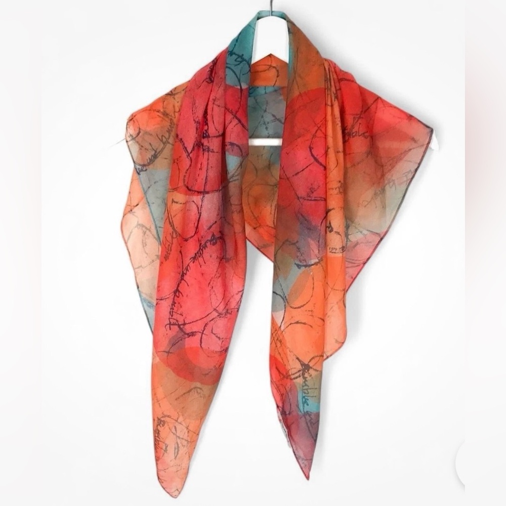 EUC Bumble And Bumble Orange Blue Print Soft Square Scarf | 80s Boho Autumn